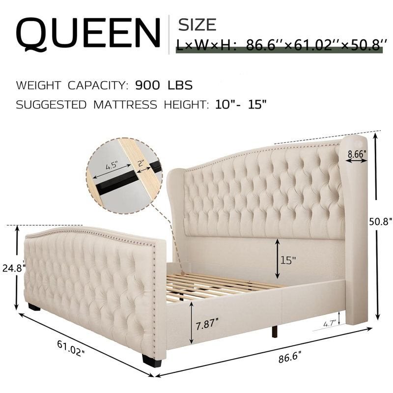 Platform Bed Frame With Wingback Headboard, Queen, Cream