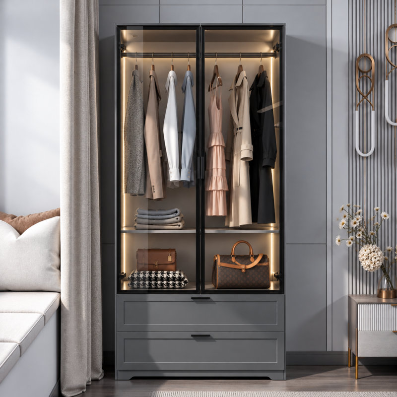 Bubalo Armoire, Wardrobe with Human Body Sensor Light, Grey