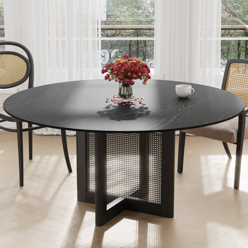 Table de salle à manger ronde en bois massif avec piédestal en rotin, Noir, H 30 po x L 60 po x l 60 po