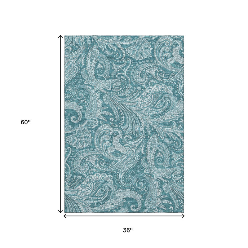 3' X 5' Turquoise And Ivory Paisley Washable Area Rug With UV Protection