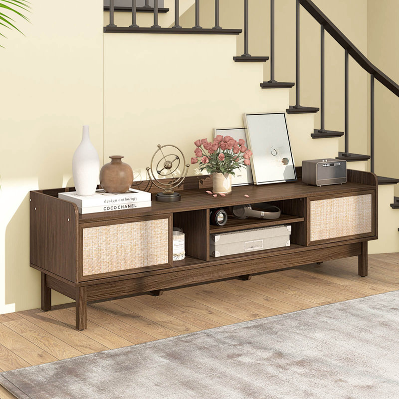 Bay Isle Home™ Wooden Tv Stand For Tvs Up To 65" With Storage Adjustable Shelf & Sliding Doors Walnut