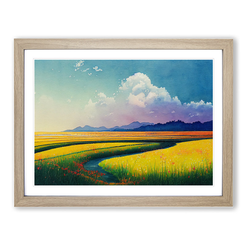Spring Meadow Landscape View Vol.2 - Single Picture Frame Print, 46cm H x 64cm W x 2cm D, Oak