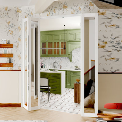 Compack 180 Bi-Fold Door:Full Lite Mirrored White MDF,PVC Covering,Accordion Door With Hardware Set