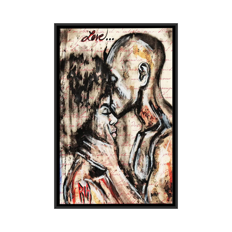 «Love Story» par l'artiste Ria - reproduction d'art, H 26 po x l 18 po x 1,5 po, Toile avec cadre noir, Aucun mat