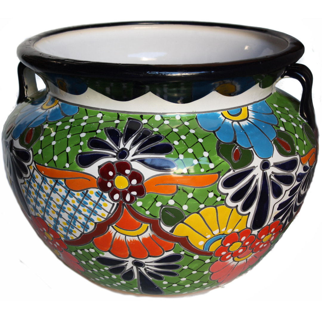 Glazed TalaMex Large-Sized Paracho Mexican Colors Talavera Ceramic Garden Pot Bungalow Rose