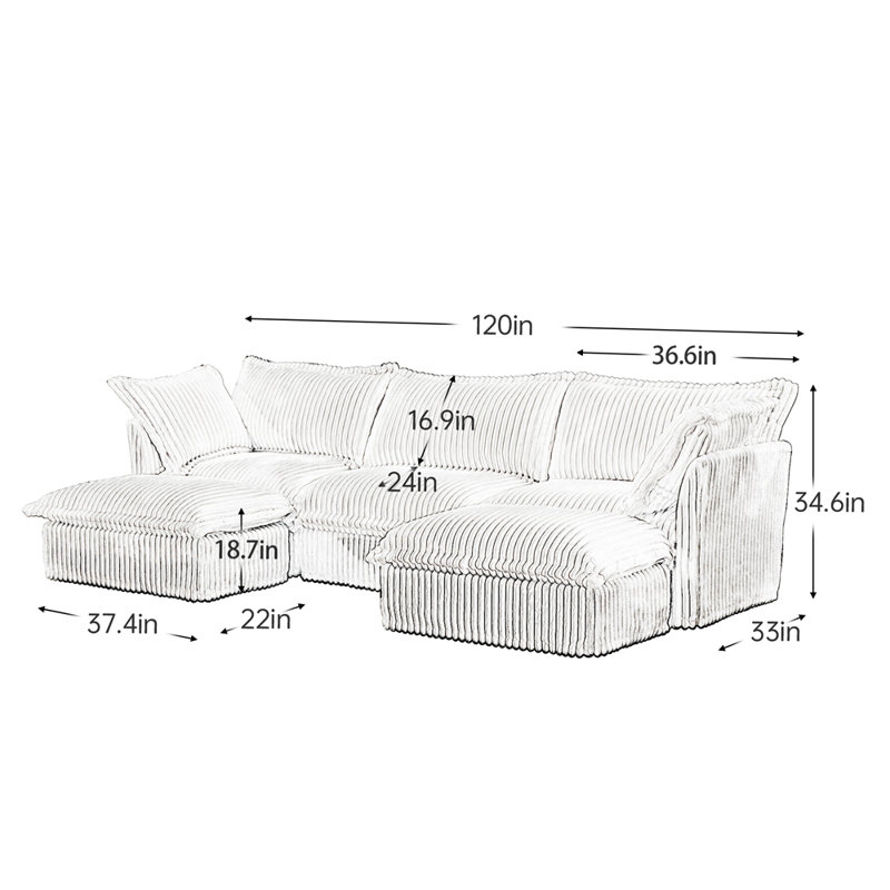 Canapé modulaire 4 places avec 2 repose-pieds, canapé modulaire, H 34,6 po x l 120 po x P 55 po, 5, Vert