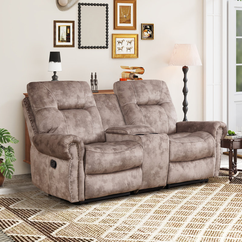 76.77'' Wide Classic Microfiber Upholstered Manual Reclining Loveseat With Center Console And Nailhead Trim, Distressed Mocha