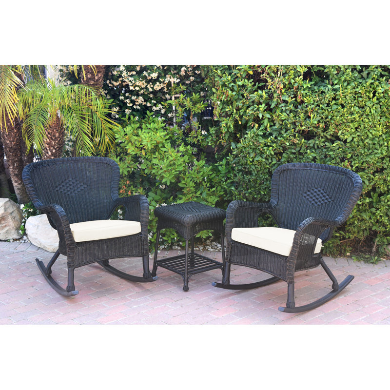 Windsor Resin Wicker Rocker Chair And End Table Set With Cushions, Black, Ivory