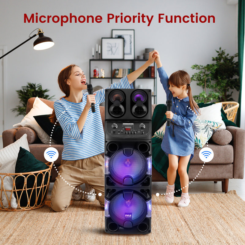 Enceinte de sonorisation portative Bluetooth Pyle - 600 W double système audio de karaoké BT intérieur / extérieur rechargeable 10 po - Affichage à DEL, FM / AUX / MP3 / USB / SD, 1/4 po, poignée, roues - micro sans fil, télécommande