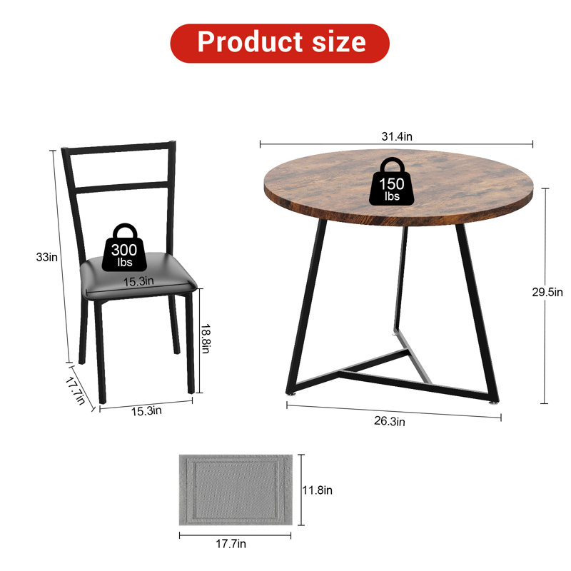 Ensemble de table de salle à manger 31,4 pouces pour 2 personnes, ensemble de petites tables de cuisine avec 2 chaises rembourrées et 2 napperons résistants à la chaleur, ensemble bistro et chaises pour la salle à manger, le café et le rétro