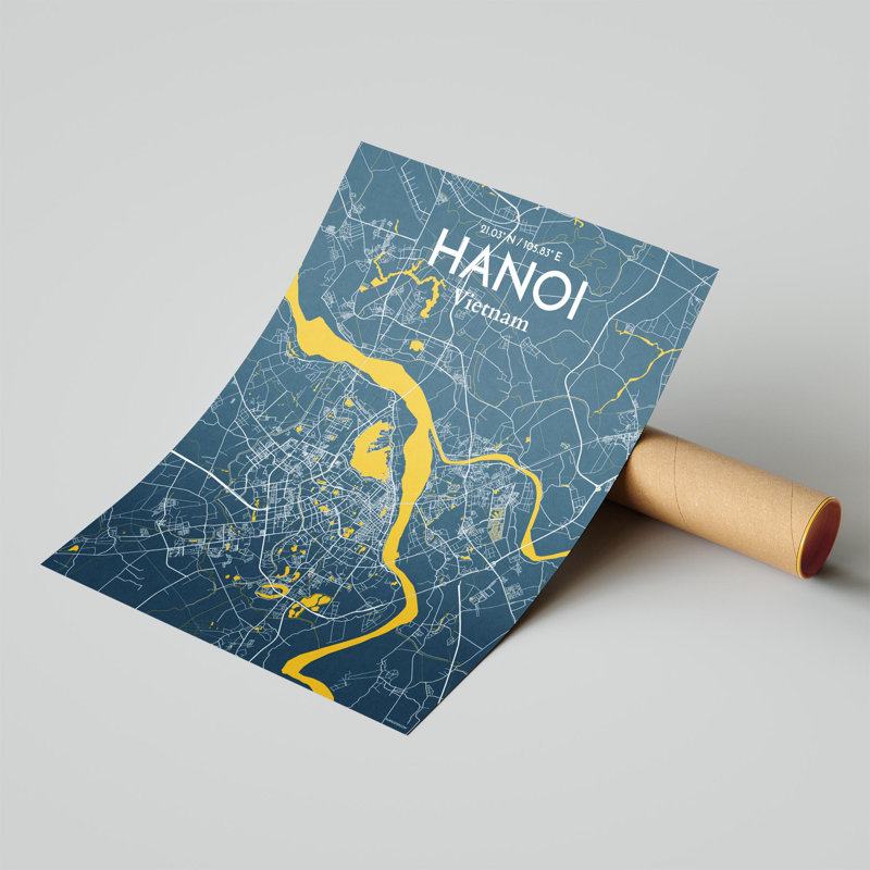 Hanoi, carte de la ville, impression, Bleu / jaune, H 20 po x l 16 po