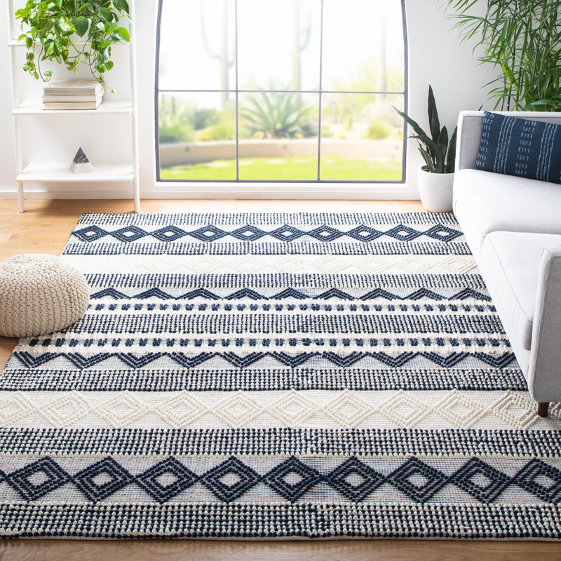 Southwestern Hand Woven Wool/Cotton Southwestern Rug, Square 10', Dark Navy/Ivory