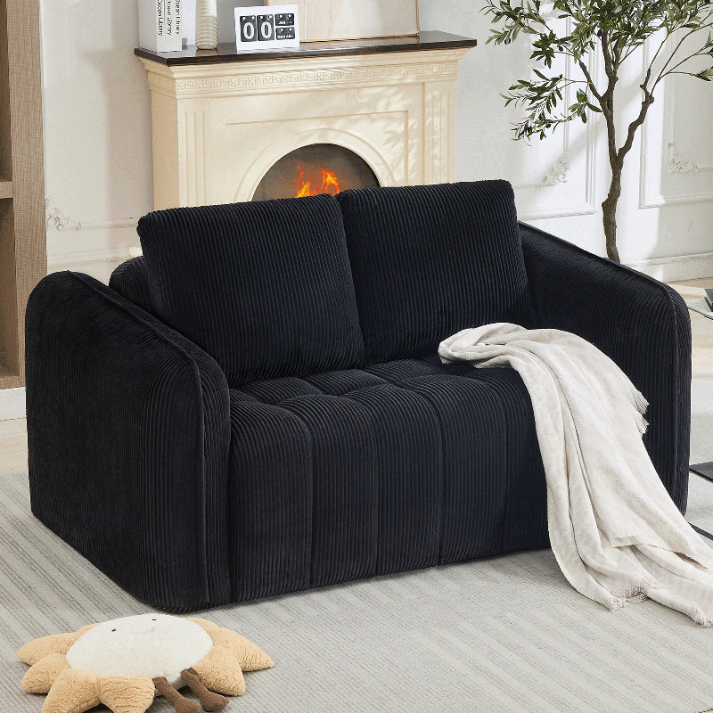 Oversize 66''W Uholstered Corduroy Loveseat With Tufted And Wide Arms,No installation required, Black