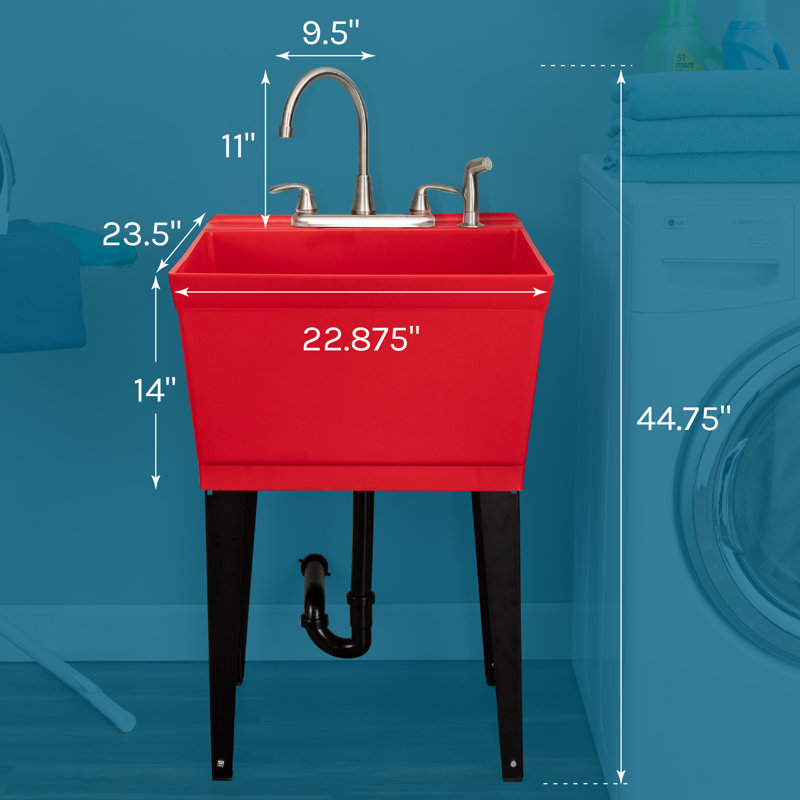 Red Freestanding Laundry Sink with Stainless Steel Faucet