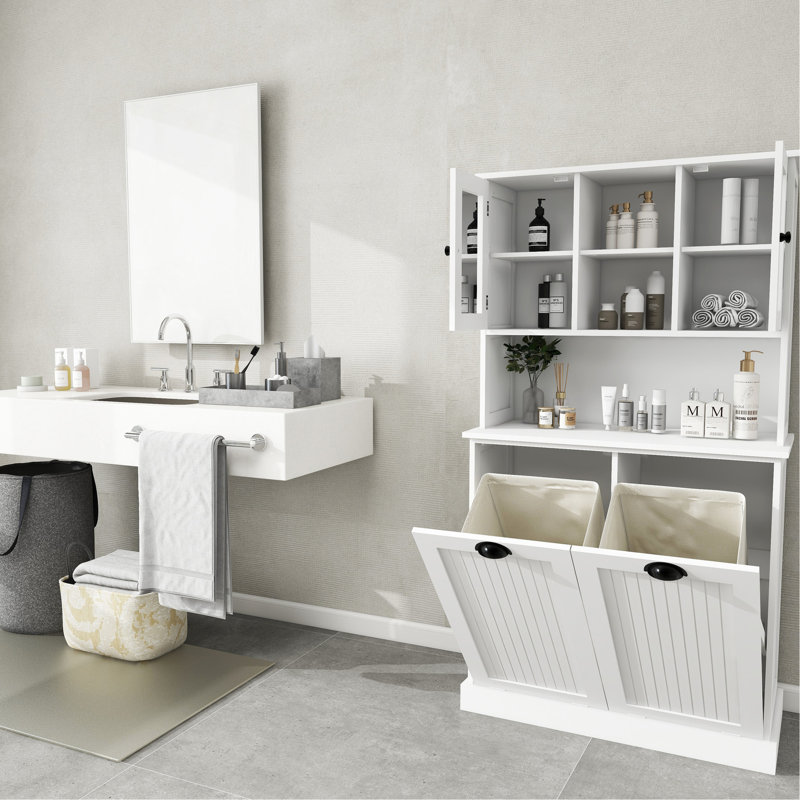 White Laundry Cabinet With Two Compartments And Removable Storage Bags Basket, White