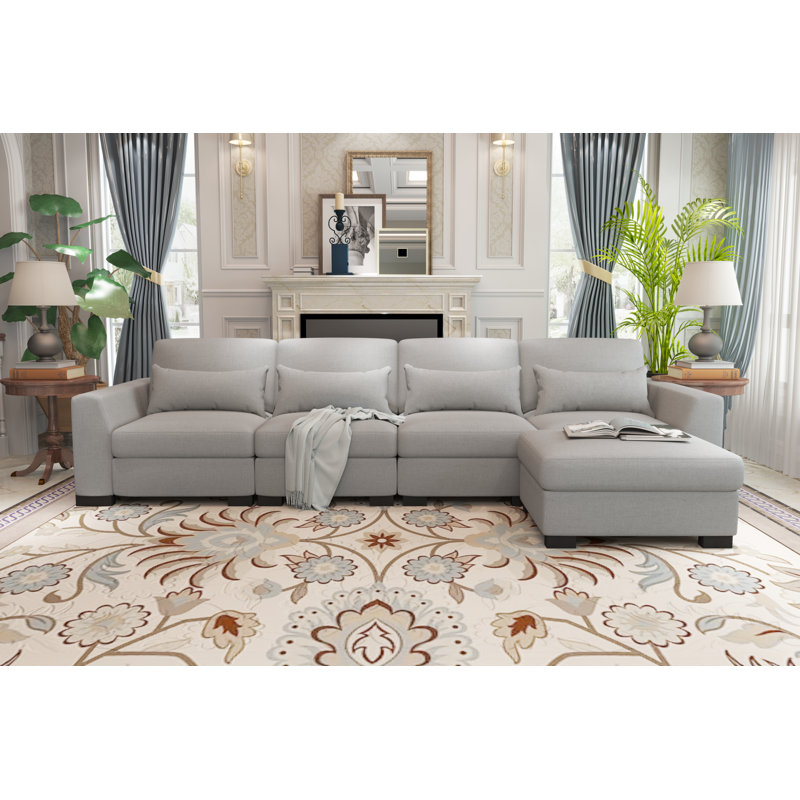 Canapé modulaire 5 pièces avec repose-pieds, Mélange de lin gris clair