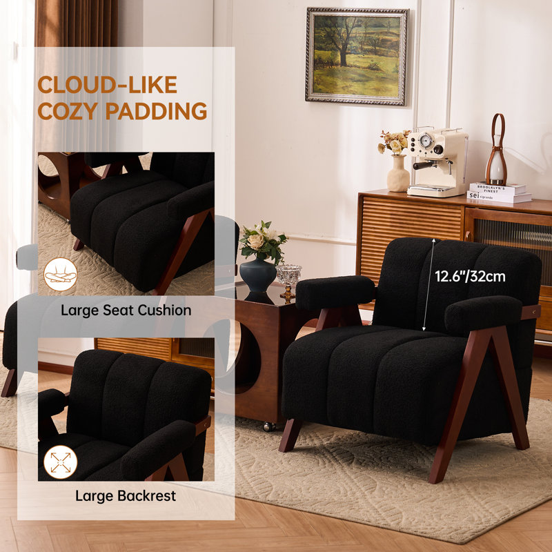 Submi Accent Chair Mid-Century Modern with Wide Backrest for Bedroom, Upholstered Living Room Chair, Black-Teddy