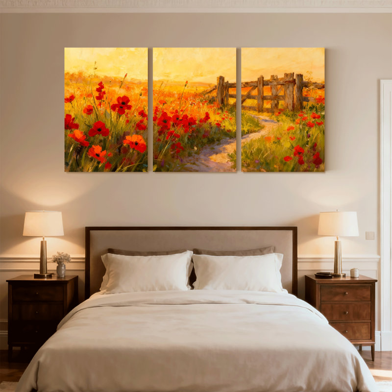 Assortiment de bouquets de coquelicots, chemin du coucher du soleil, clôture, ensemble de 3 impressions sur toile
