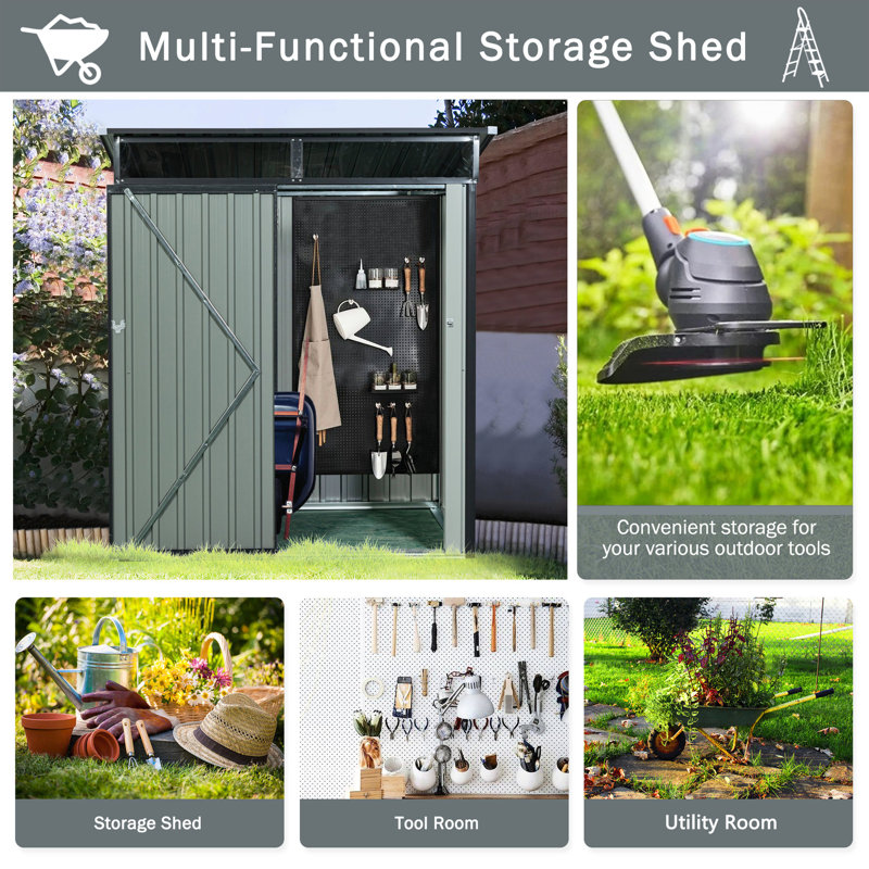 Gray 5ft X 3ft Outdoor Metal Storage Shed, Galvanized Iron Structure For Reliability, Transparent Panel, Hinged Door, Simple Build Process Shed In Gray, Strong And Long-lasting Construction, Plate,