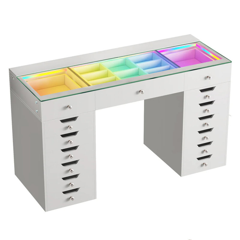 Makeup Vanity HD Glass Top Built-in LED Light Strips Large 15 Drawers Diamond Handles USB and Type-C, White