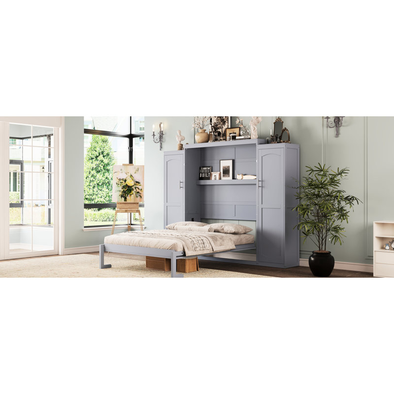 Lit double de couleur grise, cadre de lit pliable multifonctionnel avec 2 armoires, idéal pour les petits espaces et les chambres d'amis, matériau en bois de pin
