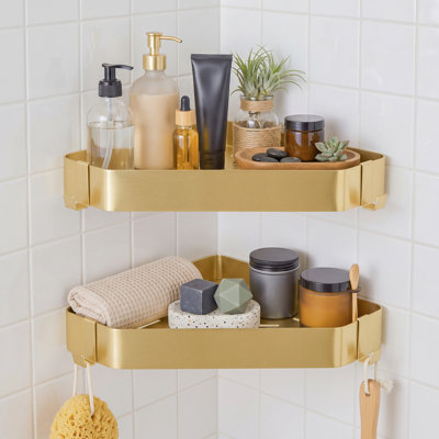Gold Shower Canddy, 2 Pack Corner Shower Canddy with 4 Hooks, Rustproof 304 Stainless Steel Bathroom Shelves Organizers Storage & Home Decor