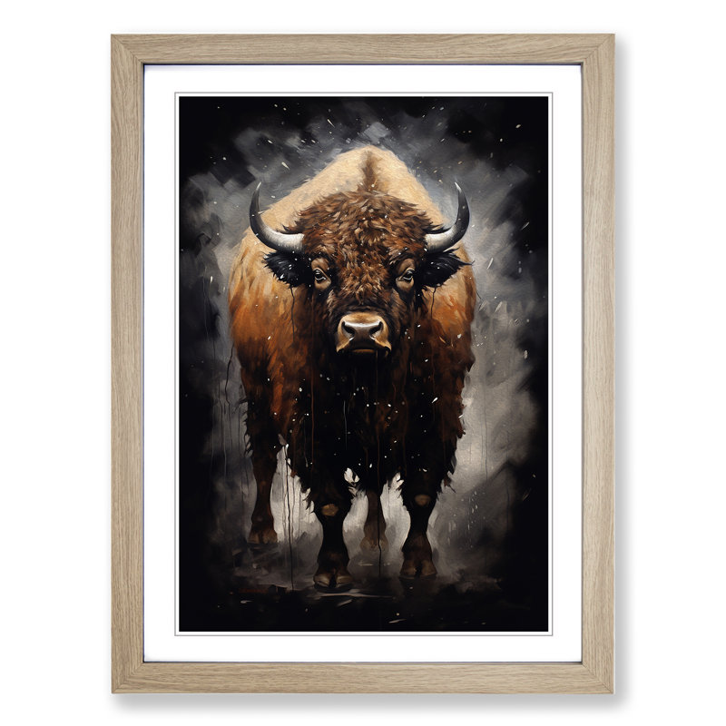 Buffalo Gestural No.2 - Single Picture Frame Print on Wood, 64cm H x 46cm W x 2cm D, Oak Framed