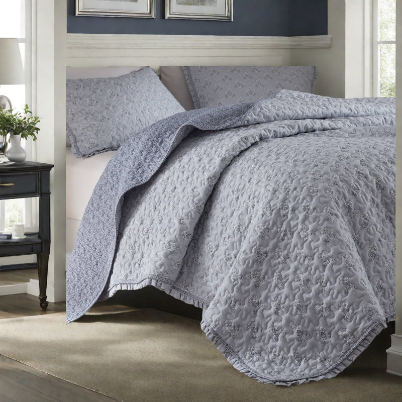 Ensembles de literie luxueux à volants doubles, courtepointe très grand en microfibre très confortable, bleu