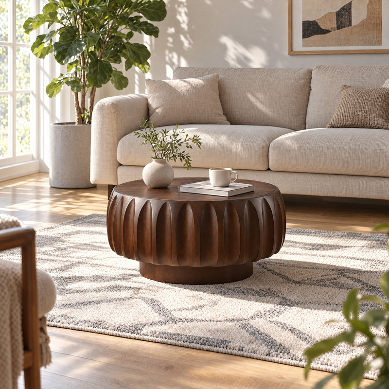 Table basse tambour Khadim 80 cm, table basse ronde contemporaine moderne et unique en bois cannelé avec centre cannelé, noyer