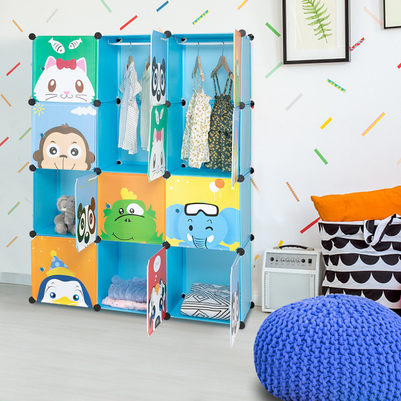 12-cube Kids Closet Wardrobe With 2 Hanging Rods Diy Animal Pattern Modular Plastic Storage Organizer Blue