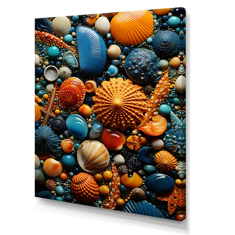 Jaune et bleu coquillage symphonie II - art mural côtier tropical, H 20 po x l 12 po x P 1 po, Toile tendue