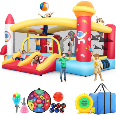 Inflatable Bounce House For Big Kids 3-12 Space Rocket Theme Large Bouncy Castle With Double Racing Slides, Obstacle Punching Pillars, Dual Basketball Hoops, Dart Board & Ball Toss Game