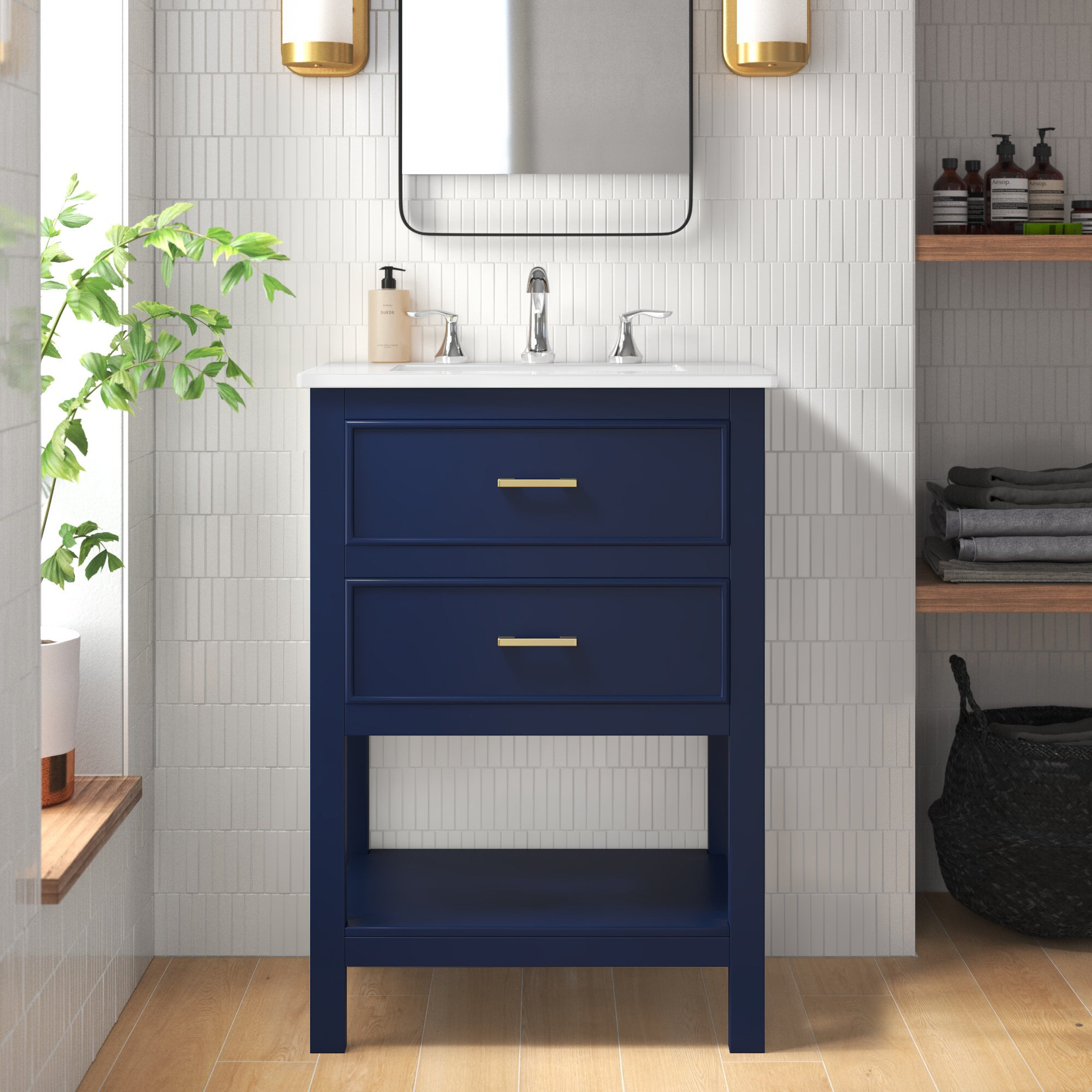 Vanity Art 12 Narrow Bathroom Side Storage Cabinet with Engineered Marble Top - Blue