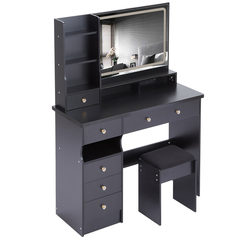 41" Large Size Left Drawer Desktop Vanity Table+Cushioned Stool Dresser Set, 2 AC+2 USB Power Station, Hair Dryer Stand, Extra Large Touch Control LED Mirror, 3-Color Switch, EPA, GCC, UL Certificate