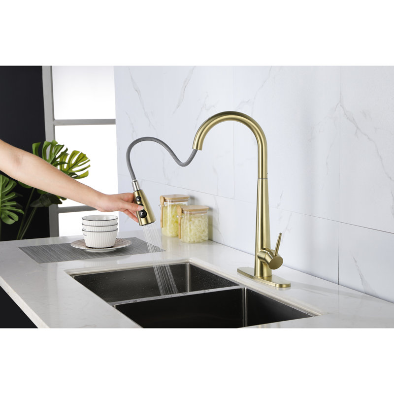 Gold Kitchen Faucet With Pull Down Spray - Fingerprint, Single Hole Deck Mount, 360 Swiveling Head, Fine Stainless Steel Golden Sink Pull-Down Fingerprint-,
