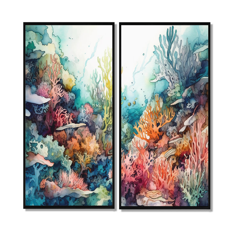 «Vibrant Coral Reef III», art mural moderne 2 pièces, H 20 po x l 24 po, Noir, Impression encadrée flottante
