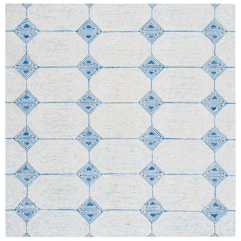 Kolb Hand Tufted Wool/Cotton Geometric Rug in Ivory/Blue, Square 6'