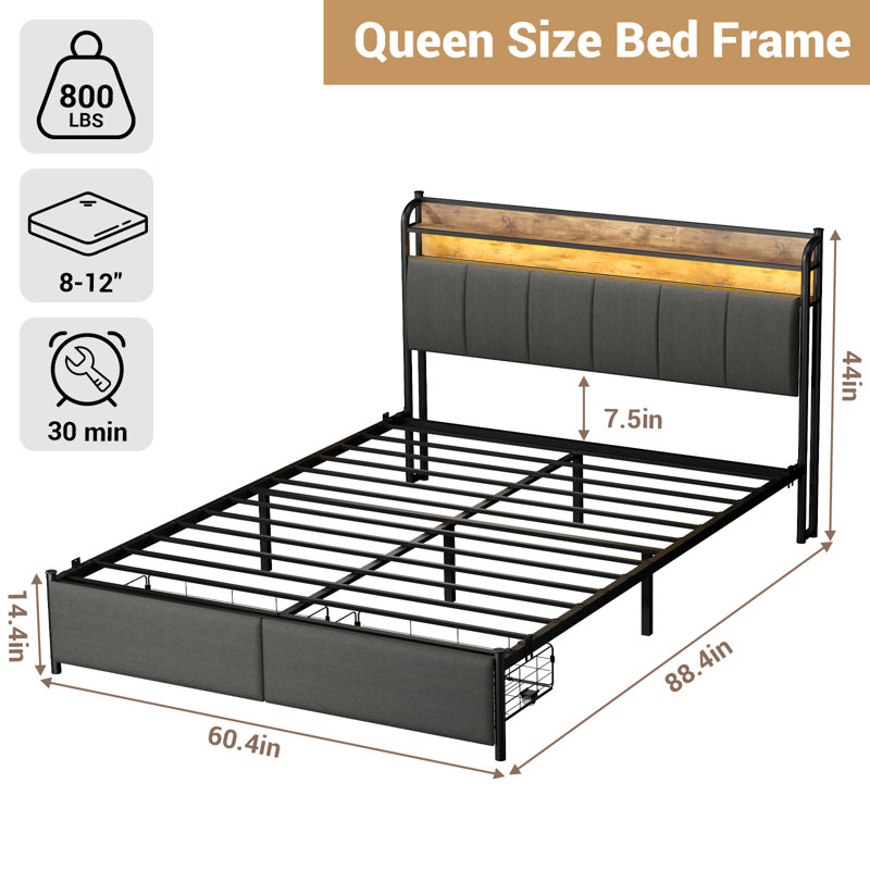 Bed Frame, Storage Headboard With Charging Station, Solid And Stable, Noise Free, No Box Spring Needed, Easy Assembly, Queen