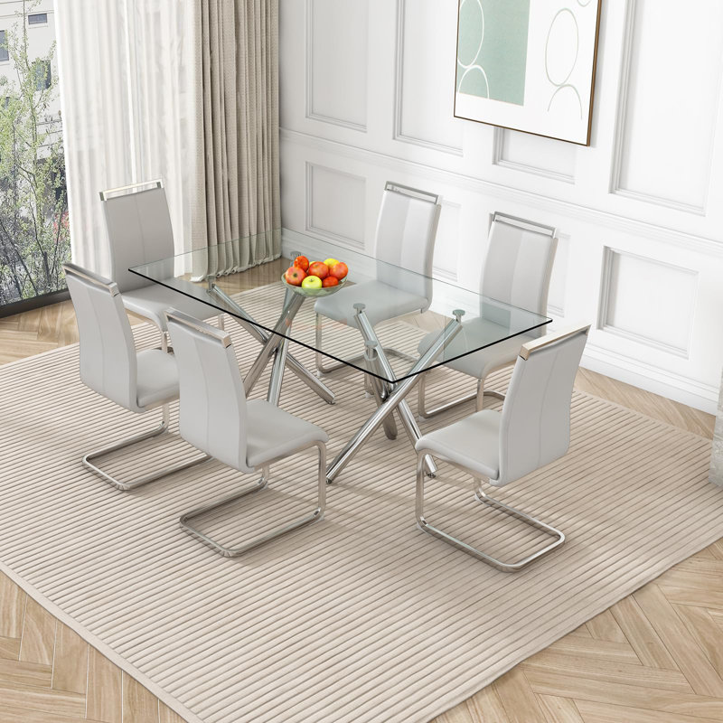 Daarina Modern Dining Table Set, Large Rectangular Glass Table with Silver X-Base and Faux Leather Cantilever Chairs, White