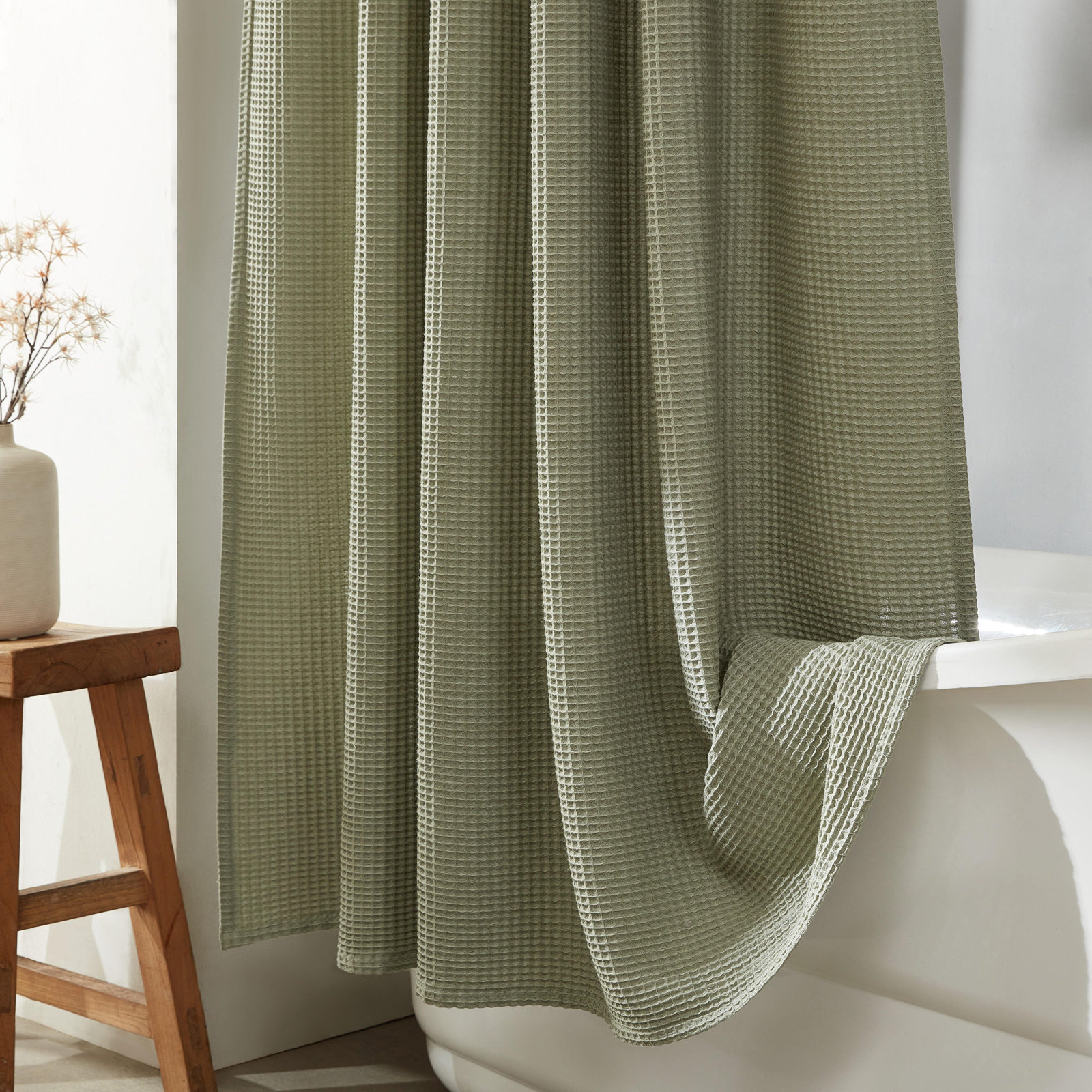 Calvin Klein Waffle Solid Shower Curtain, Green