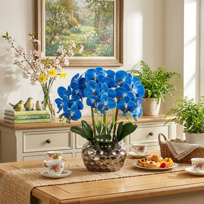 Orchids Artificial Flowers 18" Phalaenopsis Orchid With Silver Ceramic Pots Real Touch Faux Orchid Plant