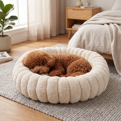 Nid rond en forme d'animal en forme de beignet, lit apaisant en fausse fourrure de lapin avec base antidérapante, coussin de sommeil pour petits et moyens chiots et chatons, 20 po, blanc