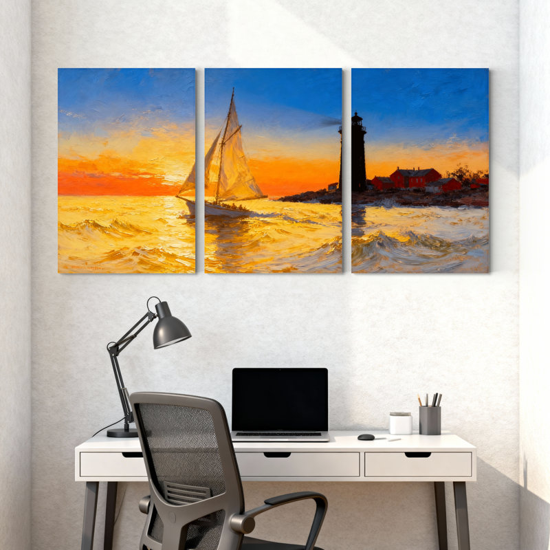 Nautique, voilier, coucher de soleil, océan, vagues, phare, horizon, ensemble de 3 impressions sur toile, H 24 po x l 48 po