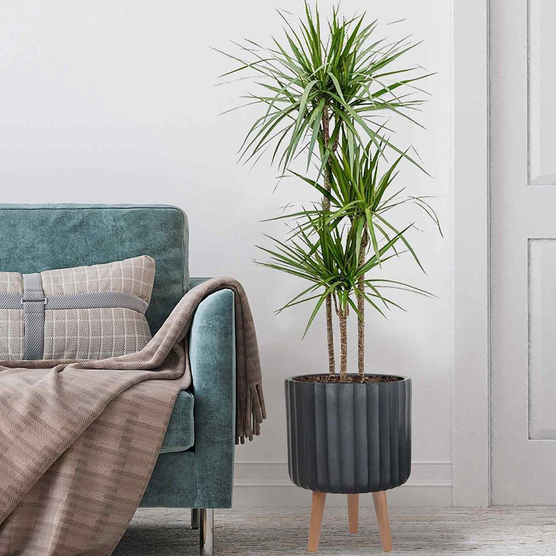 Modern Ribbed Cylinder Round Planter with Feet, Black, 41cm H x 30cm W x 30cm D
