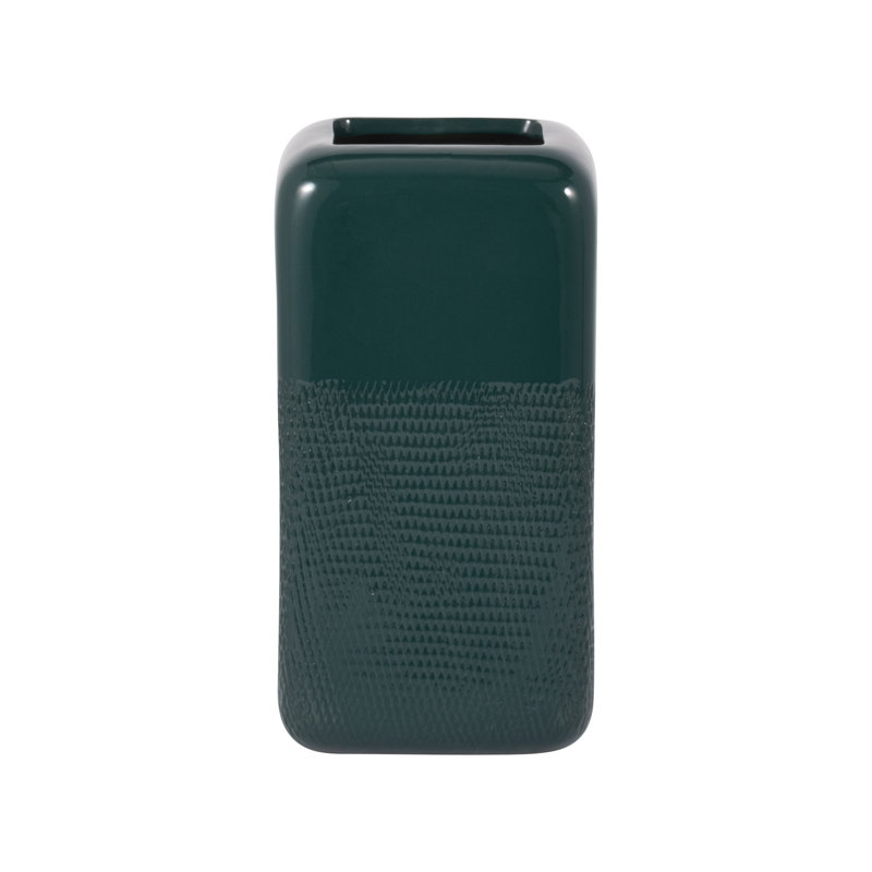 Stoneware Ceramic Vase with Textured Body and Rounded Rim Design, Green, 10" H x 5" W x 5" D