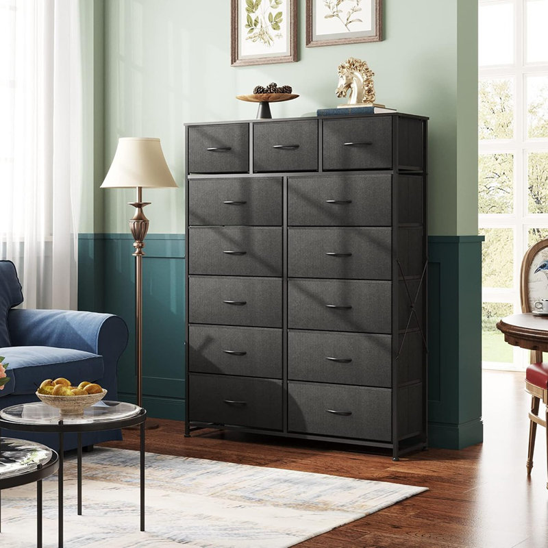 Grande commode pour chambre à coucher avec 13 tiroirs, unité de rangement pour commode, commodes en tissu pour chambre à coucher, placard, commode avec bacs en tissu, structure en acier, plateau en bois, noir anthracite