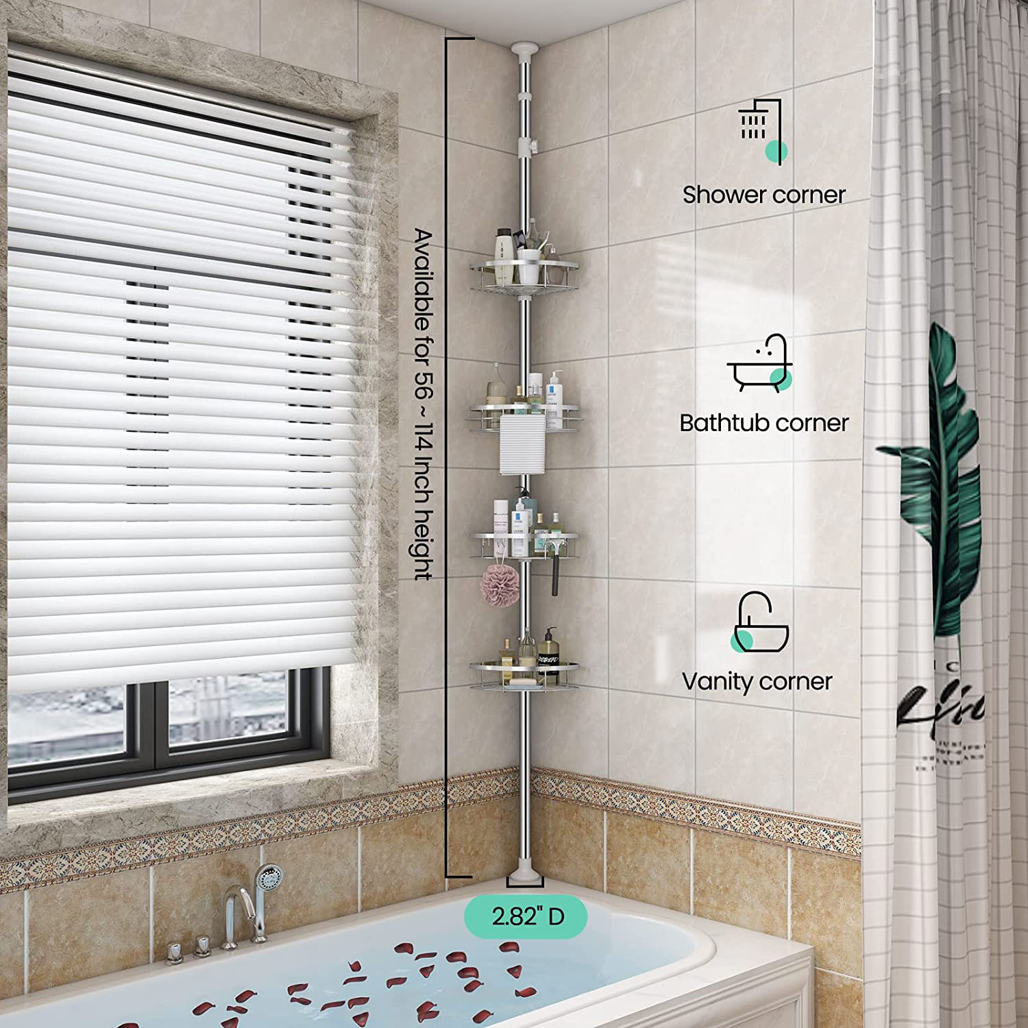 Rustproof Shower Caddy Corner for Bathroom,Bathtub Storage Organizer for  Shampoo Accessories,4-Tier Adjustable Shelves with Tension Pole,56 to 114  Inch, Black 