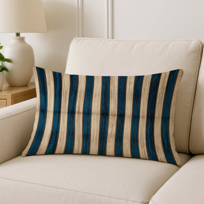 Coussin décoratif horizontal et extérieur à rayures horizontales, Bleu acier / crème, Rectangle H 14 po x l 20 po