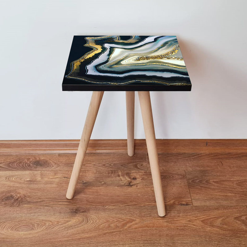 Table d'appoint abstraite en marbre, 100% panneau de fibres à densité moyenne avec pieds en bois de hêtre, 13,8 x 16,5 x 13,8 pouces | Conception durable et élégante | Parfait pour le salon, la chambre à coucher ou le bureau | Mobilier moderne