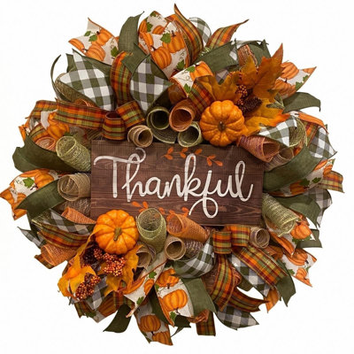 Fall Wreaths for Front Door 19.7 Inch Thankful Thanksgiving Wreath with Mini Pumpkins, Plaid Ribbons, Maple Leaves and Berries, Rustic Harvest Door Wreath for Outdoor or Indoor Use, Farmhouse Thanksgiving Front Door Decor